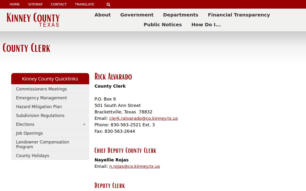 Kinney County warrant records and combined county clerk contact details